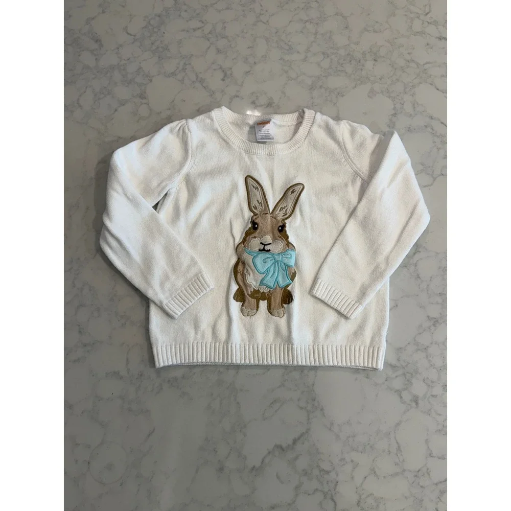Gymboree Girls 4T White Cotton Knit Bunny Rabbit Applique Sweater Blue Bow